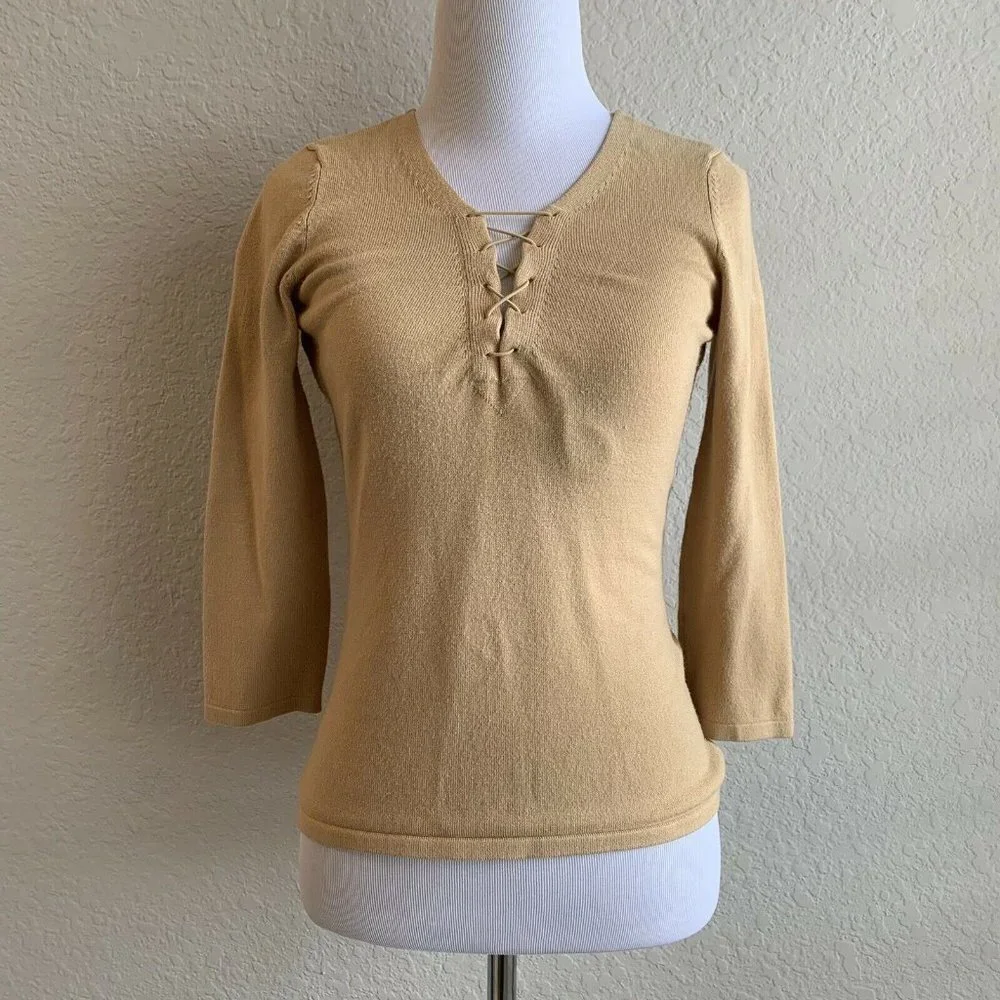 INC tan brown lace-up v-neck 3/4 sleeve sweater